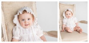 baby girl photographed in studio on white wearing a feltman brothers bonnet