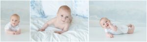 ralph lauren blue dauphine pattern pillows behind a baby milestone session in st simons island