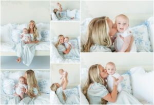 mother photographed with baby both are wearing white and light blue clothing on a simple grandmillenial style backdground