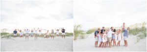 fun picture of an extended family photographed on sea island photographed while all jumping in the air