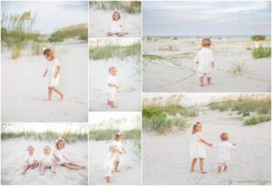 cousins and brother-sister photographed frolicking on the beach together on sea island beach during an extended family session