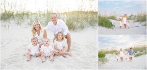 grandparents photographed on sea island beach with their three toddler grandbabies at sunset