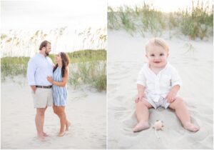 couple photographed together from an extended family session on sea island. also a toddler with a wooden mouse toy on the beach