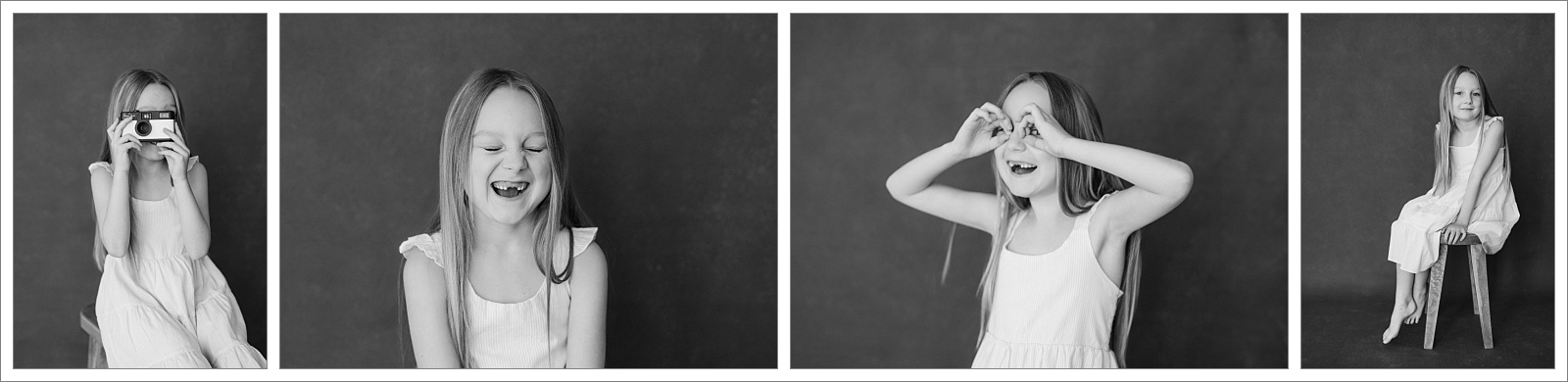 studio session of an 8 year old girl on a black background in black and white for personality portraits for the childhood edit