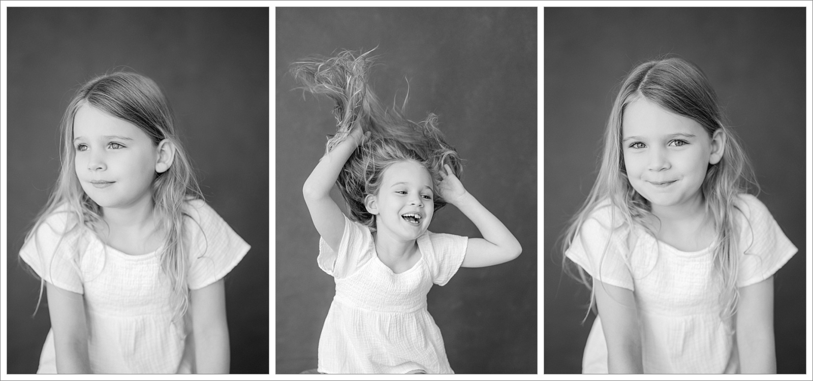 girl being photographed against a black backdrop being silliy and having fun for her personality portraits