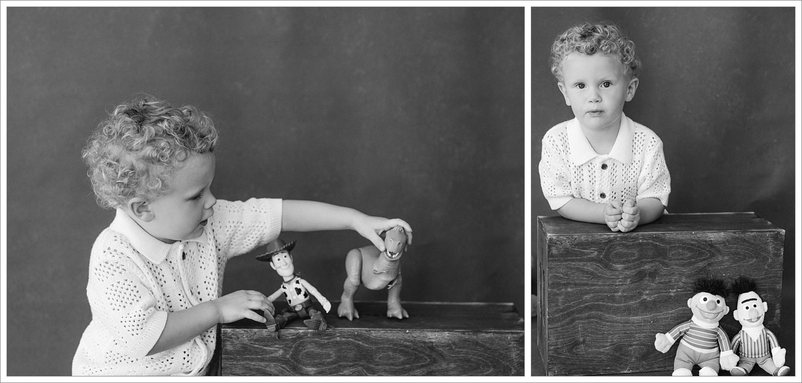 toddler boy photographed in studio in st simons island on a black backdrop for the childhood edit and he is with his sesame street toys and toy story toys